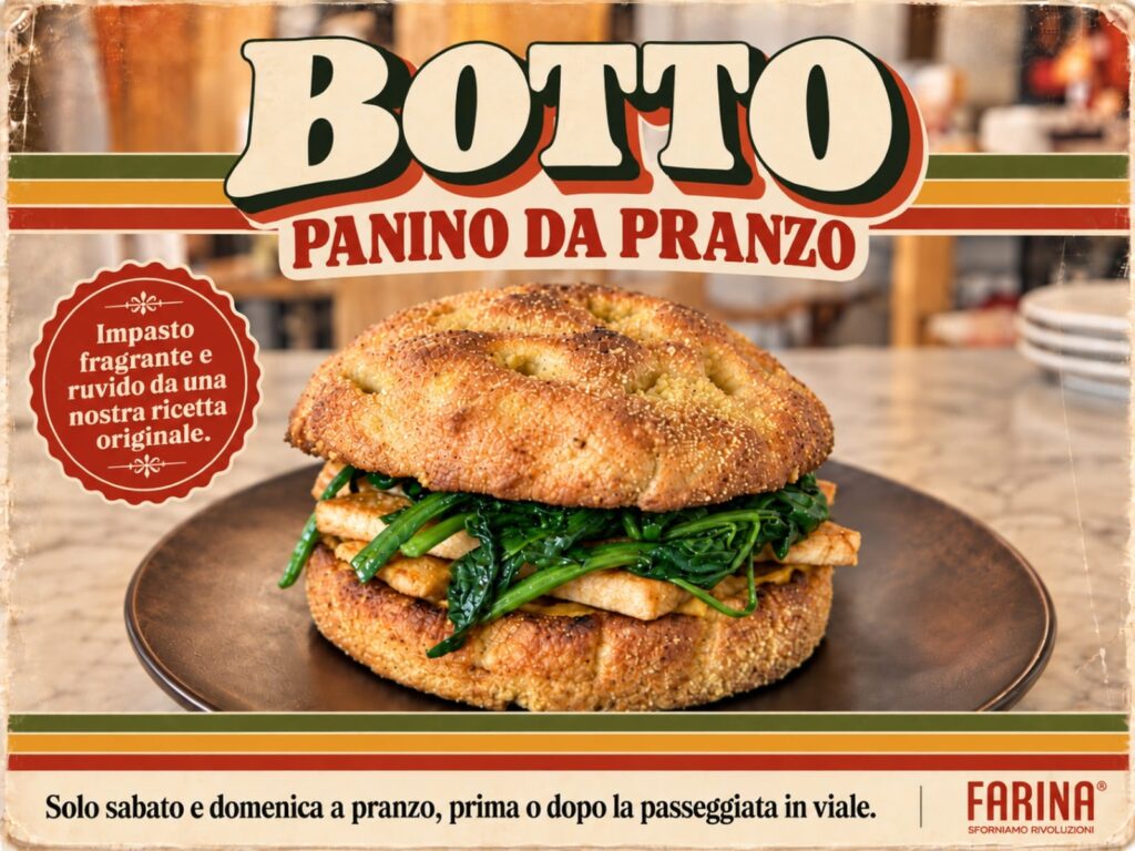 La cartolina vintage di Botto, il panino da pranzo di Farina a Pesaro